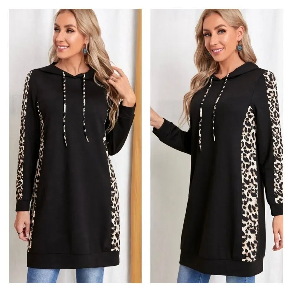 Contrast Leopard Panel Drawstring Hoodie/Tunic - Picture 2 of 2